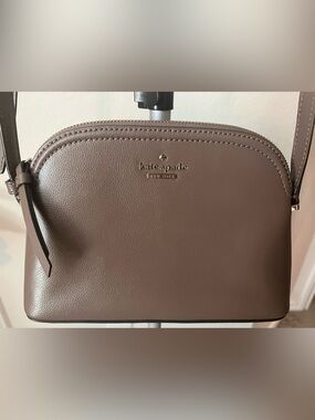 kate spade taupe-brown leather crossbody with gold logo